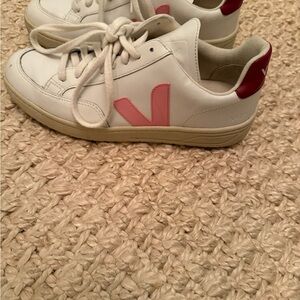 Veja Women's White and Pink Logo Sneakers